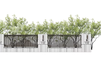 Modern Landscape Feature Wall Design With Metal Grilles Stone Panels And Green Trees 3d model