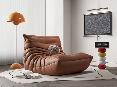 Brown Leather Lazy Sofa In Modern Living Room With Floor Lamp TV And Open Book 3d model