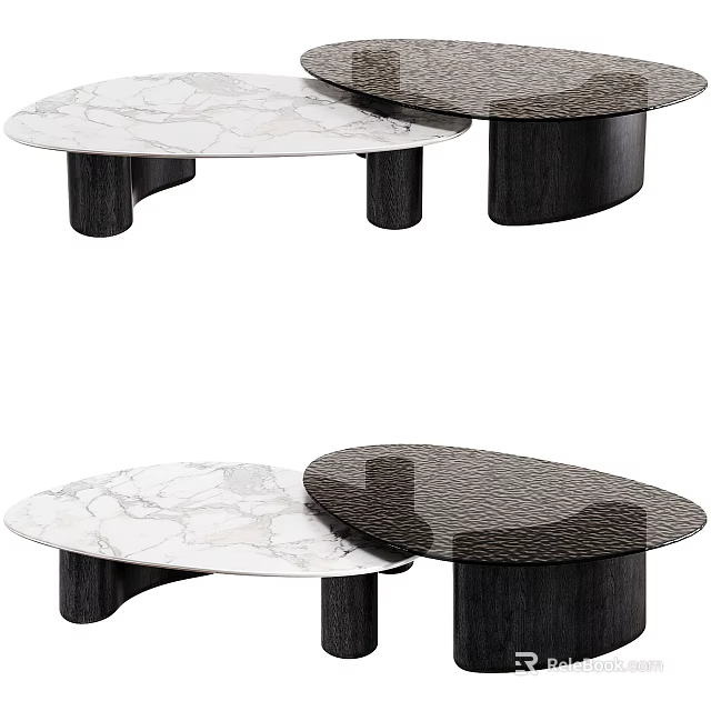 Modern Coffee Table Set With Marble And Dark Wood Tops And Black Cylindrical Legs 3d model 