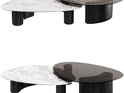 Modern Coffee Table Set With Marble And Dark Wood Tops And Black Cylindrical Legs 3d model