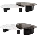 Modern Coffee Table Set With Marble And Dark Wood Tops And Black Cylindrical Legs