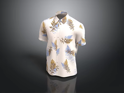 White Short Sleeved Shirt With Gold And Blue Leaf Pattern Design 3d model