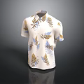 White Short Sleeved Shirt With Gold And Blue Leaf Pattern Design