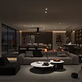 Modern Dining and Living Room Interior With Sofa Fireplace And Built in Bookshelves