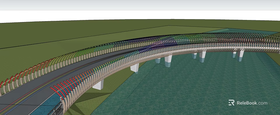 Garden Landscape Design Featuring Curved Bridge With Colorful Railings Over Water and Green Surroundings 3d model 