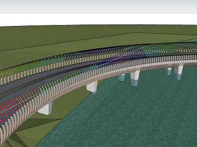 Garden Landscape Design Featuring Curved Bridge With Colorful Railings Over Water and Green Surroundings 3d model