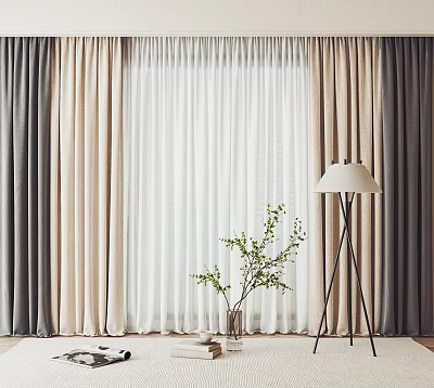 Elegant Gray Beige And White Window Curtains With Floor Lamp And Green Plant 3d model Elegant Gray Beige And White Window Curtains With Floor Lamp And Green Plant 3d model