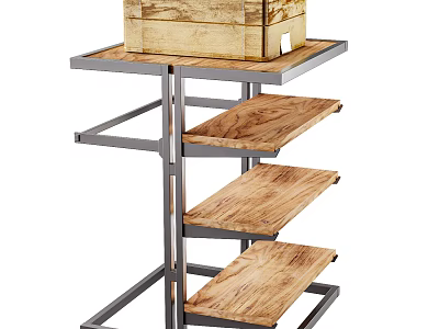 Sturdy Metal Frame Wooden Shelf With Multiple Tiers And Open Design 3d model