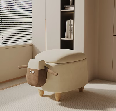 Sheep Shaped Beige Side Table With Brown Head Wooden Legs In Light Colored Room 3d model