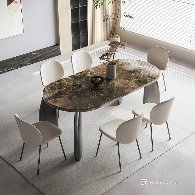 Modern Dining Table Set With Marble Tabletop And Six Minimalist Chairs 3d model 
