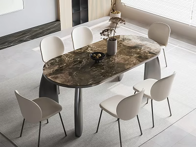 Modern Dining Table Set With Marble Tabletop And Six Minimalist Chairs 3d model