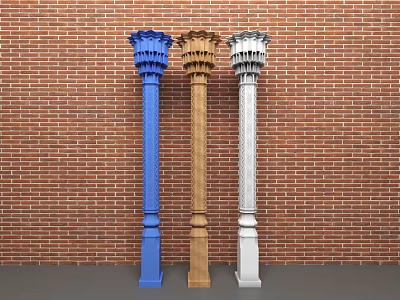 Three Decorative Columns Blue Brown White Against Red Brick Wall With Ornate Tops 3d model