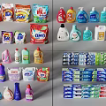 Assorted Daily Laundry Cleaning Products Featuring Powder Liquid Detergents Dish Soap and Toothpaste