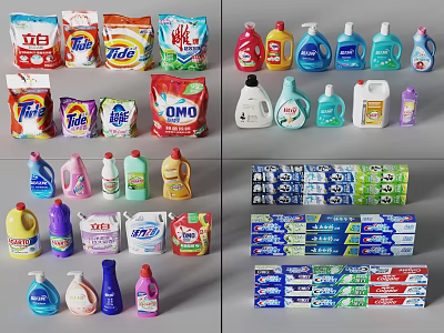 Assorted Daily Laundry Cleaning Products Featuring Powder Liquid Detergents Dish Soap and Toothpaste 3d model