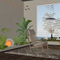 Indoor Landscape Design With Rocking Chair Patterned Rug Green Plants And Large Window Blinds