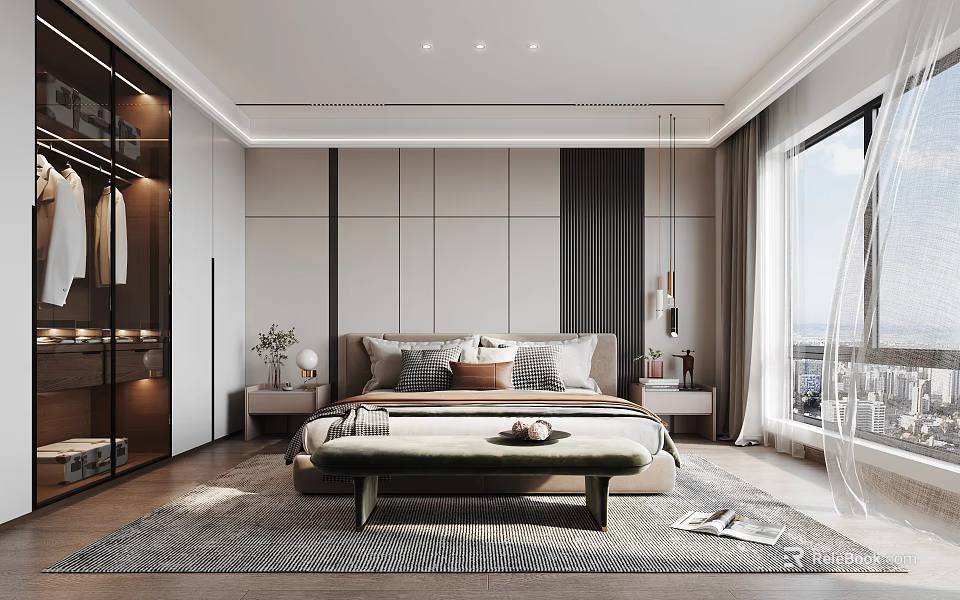 Modern Minimalist Bedroom Interior With Comfortable Bed Decorative Pillows And Large Window 3d model