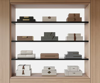 Decorative Ornament Sets With Various Colored Box Styles On Multiple Shelves In Wooden Display Cabinet 3d model
