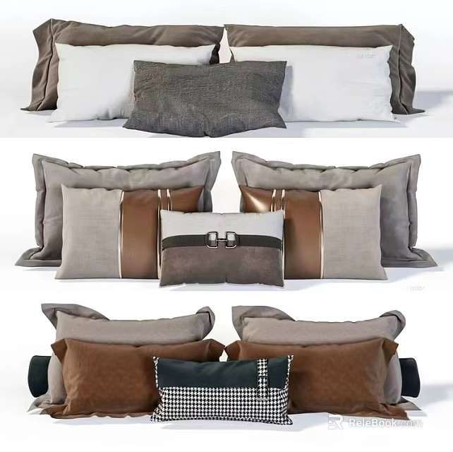 Stylish Decorative Throw Pillows In Brown Gray White With Buckle And Striped Designs 3d model 