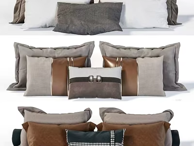 Stylish Decorative Throw Pillows In Brown Gray White With Buckle And Striped Designs 3d model