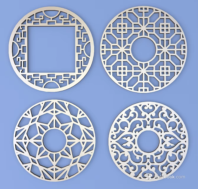 Traditional Circular Carved Lattice Windows With Four Different Intricate Pattern Designs 3d model 