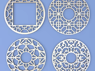 Traditional Circular Carved Lattice Windows With Four Different Intricate Pattern Designs 3d model