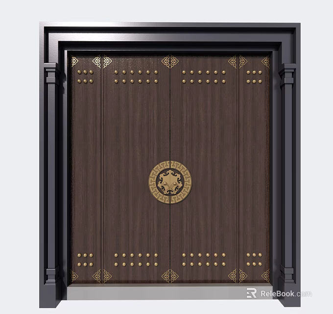 Dark Wooden Front Gate With Golden Circular Emblem Rivets And Black Frame 3d model 