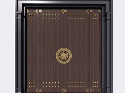 Dark Wooden Front Gate With Golden Circular Emblem Rivets And Black Frame 3d model