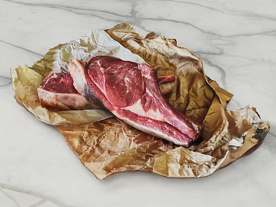 Fresh Raw Steak Pieces Placed On Brown Paper Over Marble Countertop 3d model
