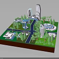 Natural Landscape Model With Green Grass Trees Circular Plaza Modern Buildings And Pathways