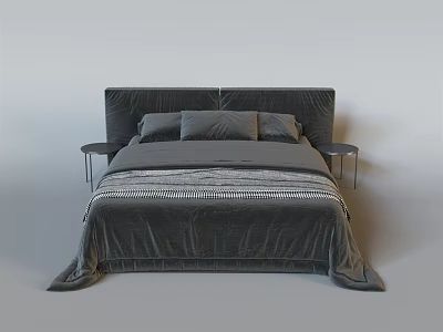 Gray Double Bed With Headboard Pillows Striped Bedspread And Side Nightstands 3d model