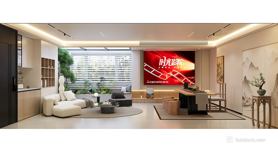 Modern Leisure Area Interior With Sofa Green Plants Large Windows Blinds And TV 3d model 