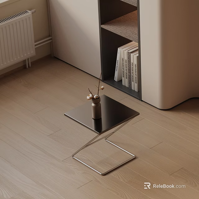Modern Black Side Table with Metal Frame and Dried Flowers on Wooden Floor by Bookshelf 3d model 