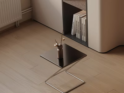 Modern Black Side Table with Metal Frame and Dried Flowers on Wooden Floor by Bookshelf 3d model