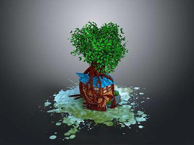 Green Leafy Plant Growing On Tree Root Shaped House With Water Droplets Around Base 3d model