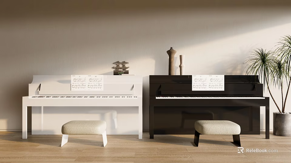 Stylish White and Black Upright Pianos with Stools and Music Sheets in Minimalist Wooden Floor Interior 3d model 
