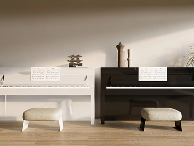 Stylish White and Black Upright Pianos with Stools and Music Sheets in Minimalist Wooden Floor Interior 3d model