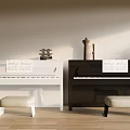 Stylish White and Black Upright Pianos with Stools and Music Sheets in Minimalist Wooden Floor Interior
