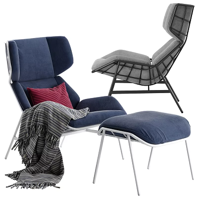 Blue And Gray Lounge Chairs With Ottoman Striped Blanket And Red Cushion 3d model