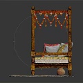 Single Bed With Wooden Frame Hanging Tassels Colorful Striped Pillows And Striped Rug