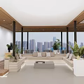 Modern Lounge With Green Plants City View Light Gray Sofas And Wooden Details