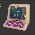 Vintage Computer With White Body Teal Screen Red White Keys And Yellow Sticky Notes