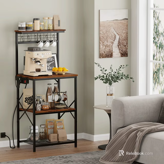 Multi Tiered Metal Wooden Shelf With Coffee Machine Lemons Jars And Food In Living Room 3d model 