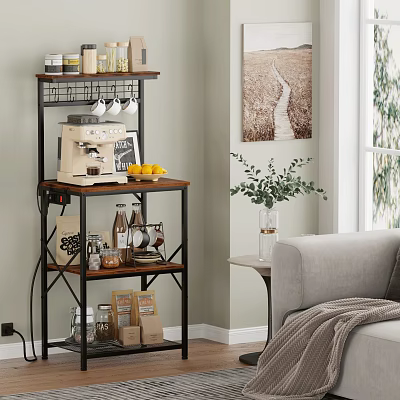 Multi Tiered Metal Wooden Shelf With Coffee Machine Lemons Jars And Food In Living Room 3d model
