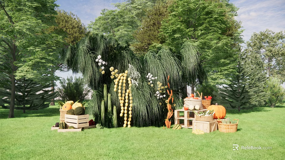 Outdoor Floral Display With Hanging Plants White Flowers And Fruits In Green Grass 3d model 