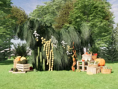 Outdoor Floral Display With Hanging Plants White Flowers And Fruits In Green Grass 3d model