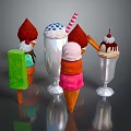 Assorted Ice Cream Treats Including Cone Cup Popsicle With Cherry Sprinkles And Striped Straw