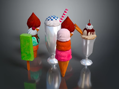Assorted Ice Cream Treats Including Cone Cup Popsicle With Cherry Sprinkles And Striped Straw 3d model