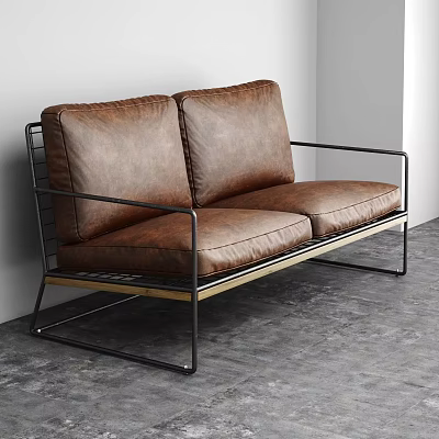 Modern Two Seater Sofa With Brown Leather Upholstery And Black Metal Frame 3d model