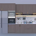 Modern Wooden Kitchen Cabinets With Stainless Steel Refrigerator Oven And Patterned Tile Backsplash