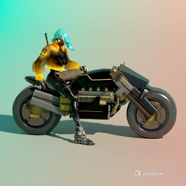 Woman With Blue Hair In Yellow Top And Black Pants Sitting On Futuristic Cyberpunk Motorcycle 3d model 